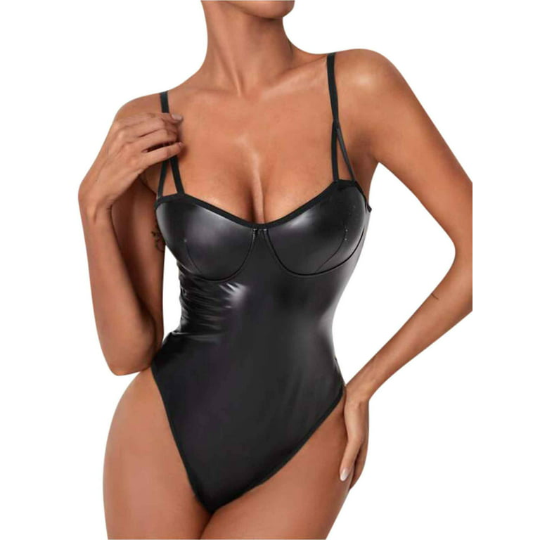 LilyLLL Womens Faux Leather Temptation Strappy Bodysuit Catsuit
