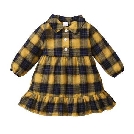 

NZRVAWS Toddler Baby Girls Dress Plaid Print Turn-down Collar Long Sleeve Button Dress 1PCS Sun Dress 2-3T Yellow
