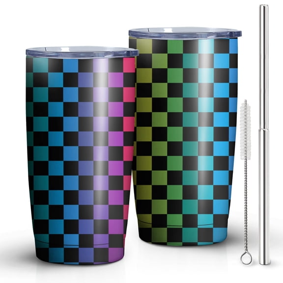 20oz Tumbler with Lid and Straw Stainless Rainbow Checkerboard Steel Vacuum Insulated Water Coffee Tumbler Cup, Double Wall Vacuum Insulated Travel Mug Reusable Tumblers for Ice Drinks, Hot Beverage