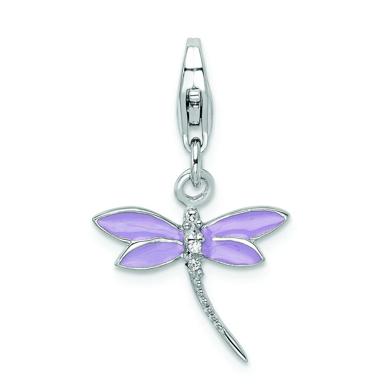 .925 Sterling Silver CZ & Enameled Dragonfly Charm Pendant