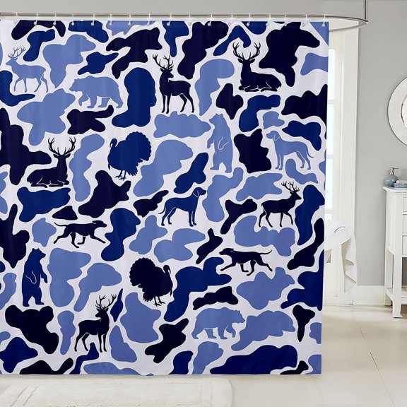 Blue Camouflage Shower Curtain with Wildlife Animals 71x71 inches