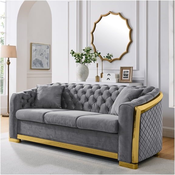 JERFIT 84" Grey Velvet Chesterfield Sofa with Gold Metal Legs, Tufted 3 Seater Couch for Living Room