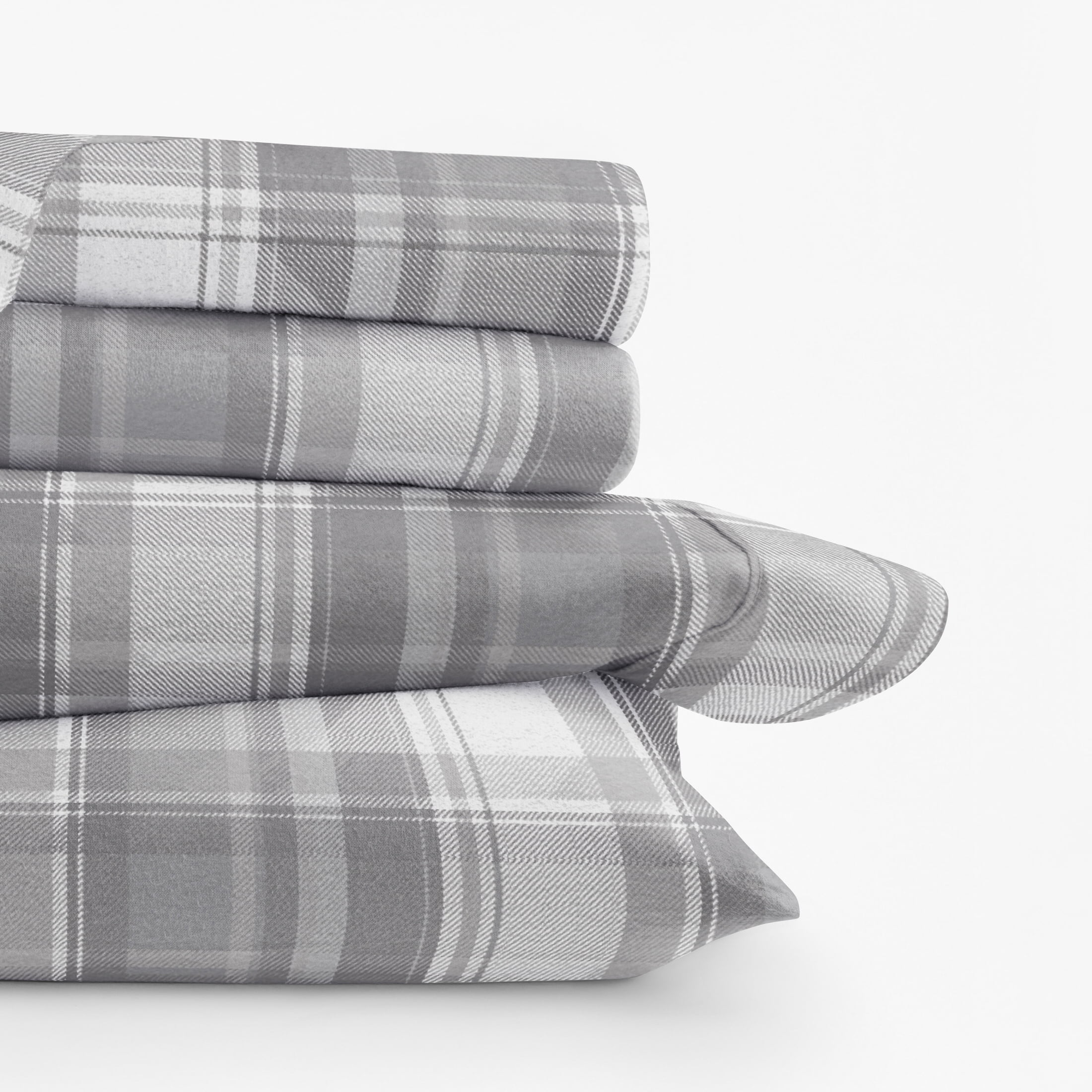 Light Grey Plaid 4 Piece 100% Cotton Flannel Deep Pocket Sheet Set, Twin, by Noble Linens