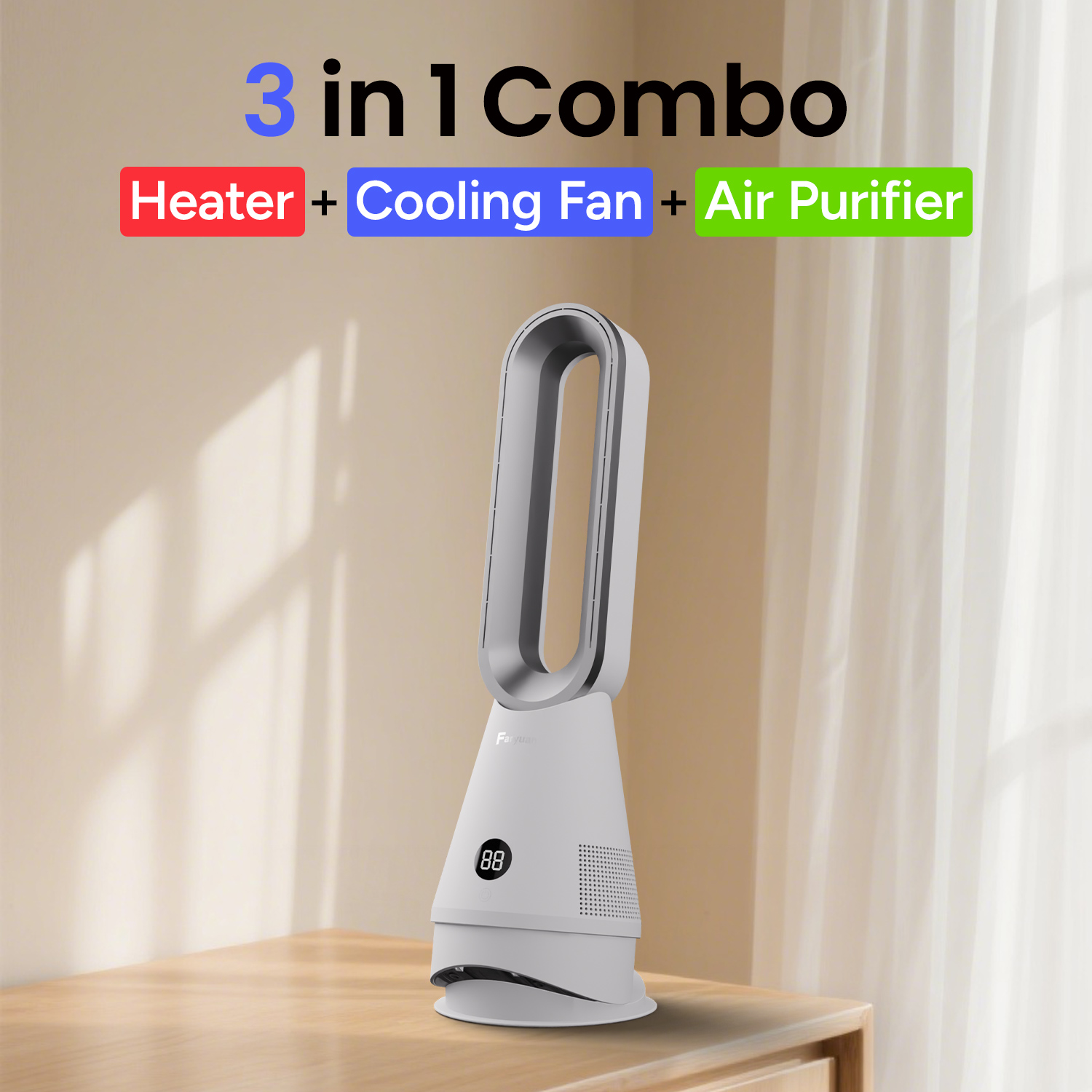 Faryuan 3-in-1 Bladeless Heater Tower Fan with Filter, 80° Oscillating 10-Speed Cooling Fan with Remote, 9H Timer & Fast Heating for Room
