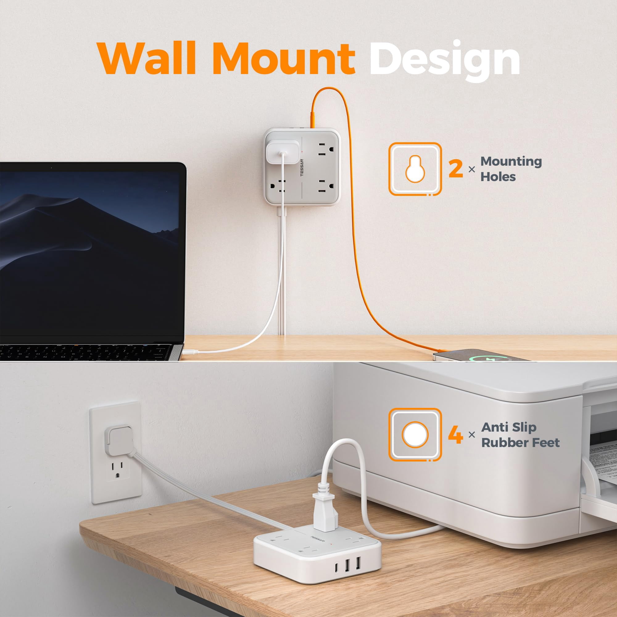 Surge Protector Flat Extension Cord 1ft  Ring Plug Power Strip With 4 Outlets 3 Usb Ports (1 C) 900 Joules Protection Multiple Wall Outlet Extender Suitable For Home Office Dorm Grey
