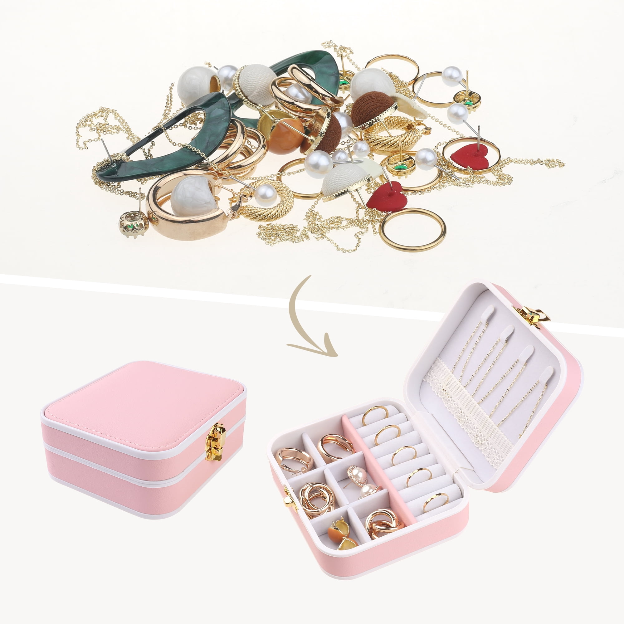 Unique Bargains Travel Jewelry Box Small Portable PU Leather Jewelry Organizer Case Pink