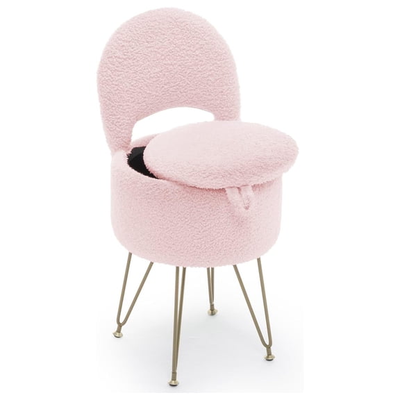 Vanity Stool Chair with Storage and Folding Back, 13"x13"x27.6" Faux Fur Soft Round Ottoman, Vanity Chair with Storage, Ideal for Bedroom, Living Room, and Makeup Stations, Pink