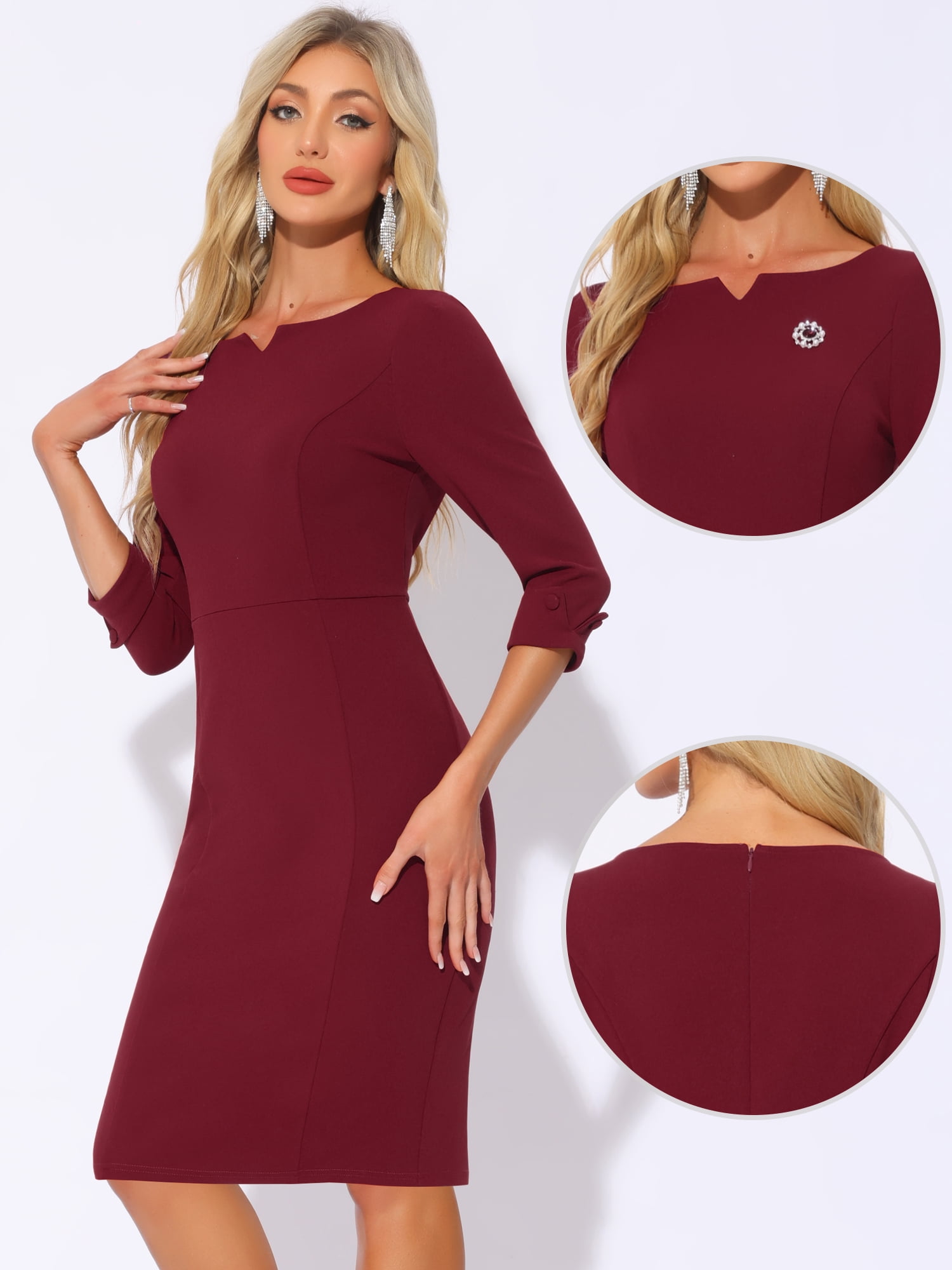 DARING DIVA Women's 3/4 Sleeve Work Pencil Midi Dresses M Dark Red