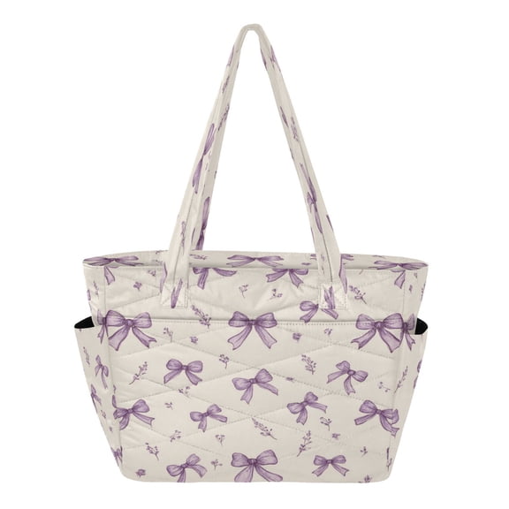 Quilted Tote Bag Large Capacity Multi-Compartment Handbag Lightweight Structured Shoulder Bag Versatile Casual Bag Pastel Lavender Bows