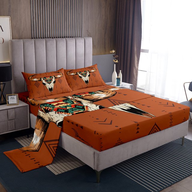 Erosebridal Vintage Aztec Bed Sheets Set Queen Size, Sheep Skeleton Bed Sheets Queen, Abstract Geometry Dcoor, 4pcs