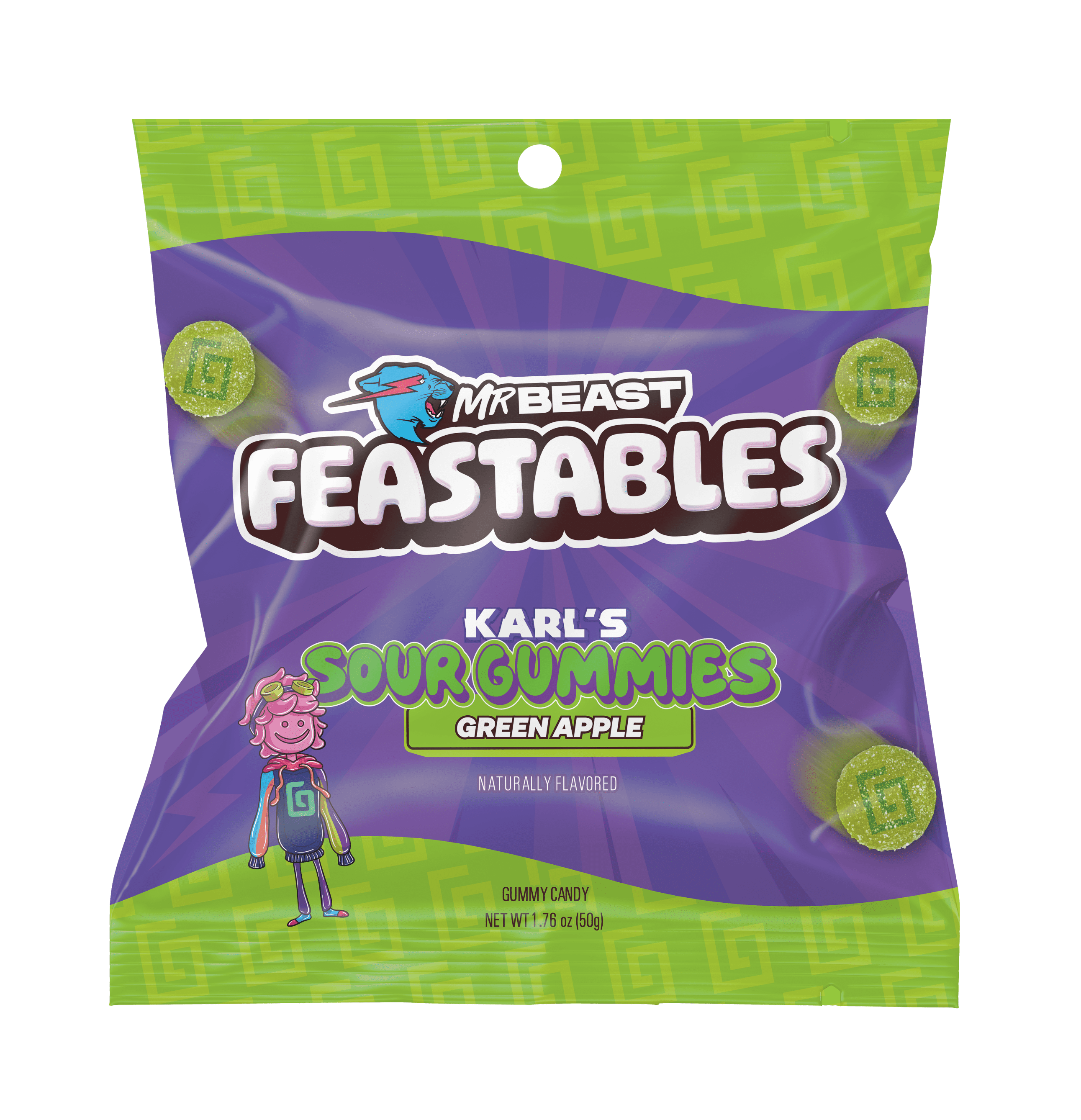 (2 pack) Feastables Karl Sour Green Apple Gummy Candy, Gluten Free, 3.52 oz (100 g)