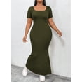 thumbnail image 4 of AURA Plus Size U Neck Backless Bodycon Maxi Dress Short Sleeve High Waist Solid Army Green 1XL 3XL, 4 of 7