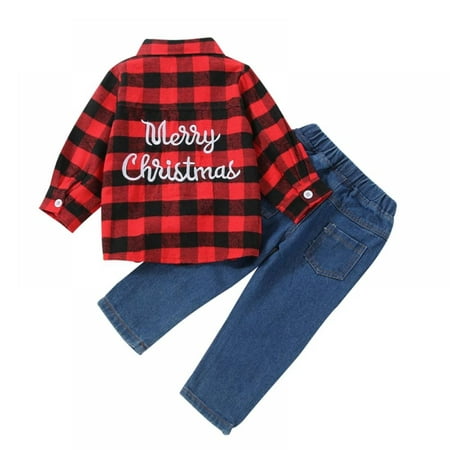 

Popvcly Kids Little Boys Girls Baby Letters Print Long Sleeve Button Down Red Plaid Flannel Shirt+ Ripped Denim Pant Set 1-6 Years