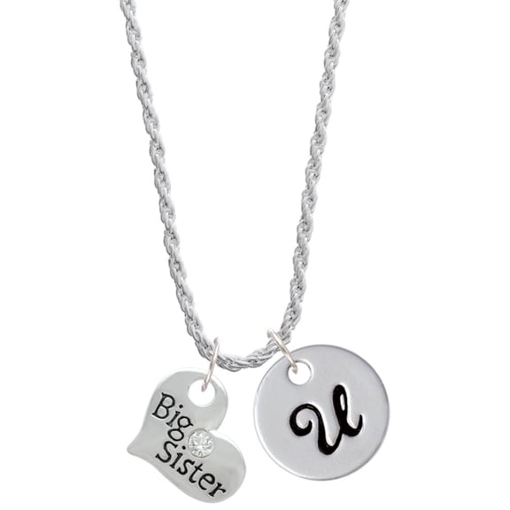 Delight Jewelry Silvertone Large ''Big Sister'' Heart with Clear Crystal Silvertone Script Initial Disc - U - Charm Necklace, 20" 3"