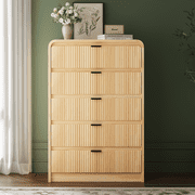 SELOOYE Fluted 5 Drawers Dresser for Bedroom, 47 Tall Modern Dresser Chest of Drawers, Black Accents, Fluted Fronts, Wood Storage Dressers Organizer for Bedroom, Living Room, Natural