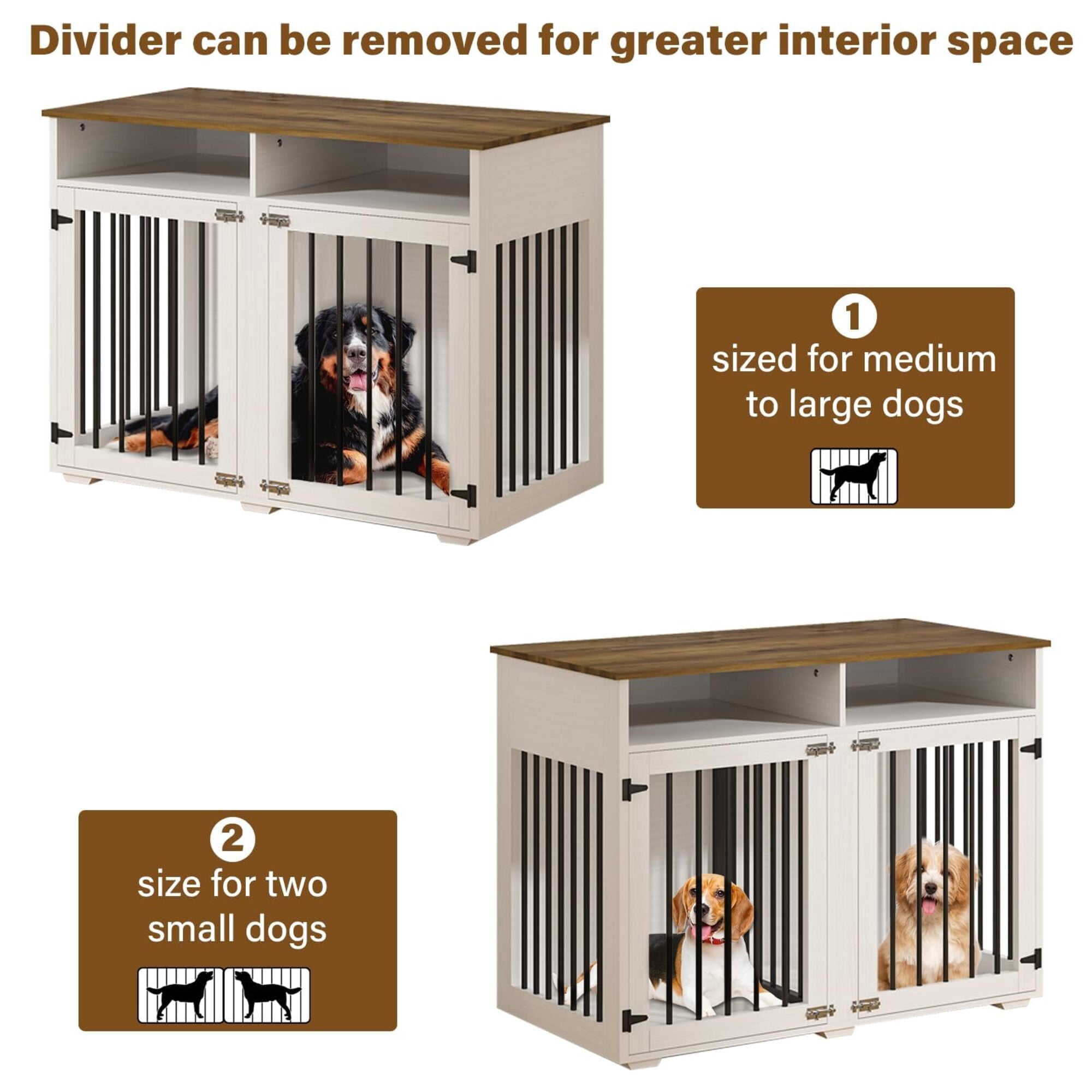 41" White Farmhouse 2-Lockable Door Dog Crate with Storage Shelves – Sturdy Indoor Kennel for 2 Small/Medium Dogs, Removable Divider Included