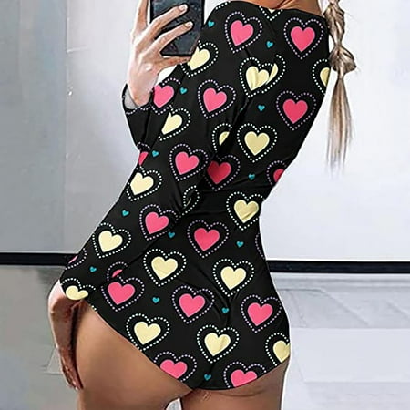

S LUKKC LUKKC Valentine s Day Jumpsuit for Women Sexy V Neck Bodycon Overalls Heart Printed Pajamas Long Sleeve Button-down Onesies Functional Back Flap Club Shorts Rompers Fall Outfits on Clearance