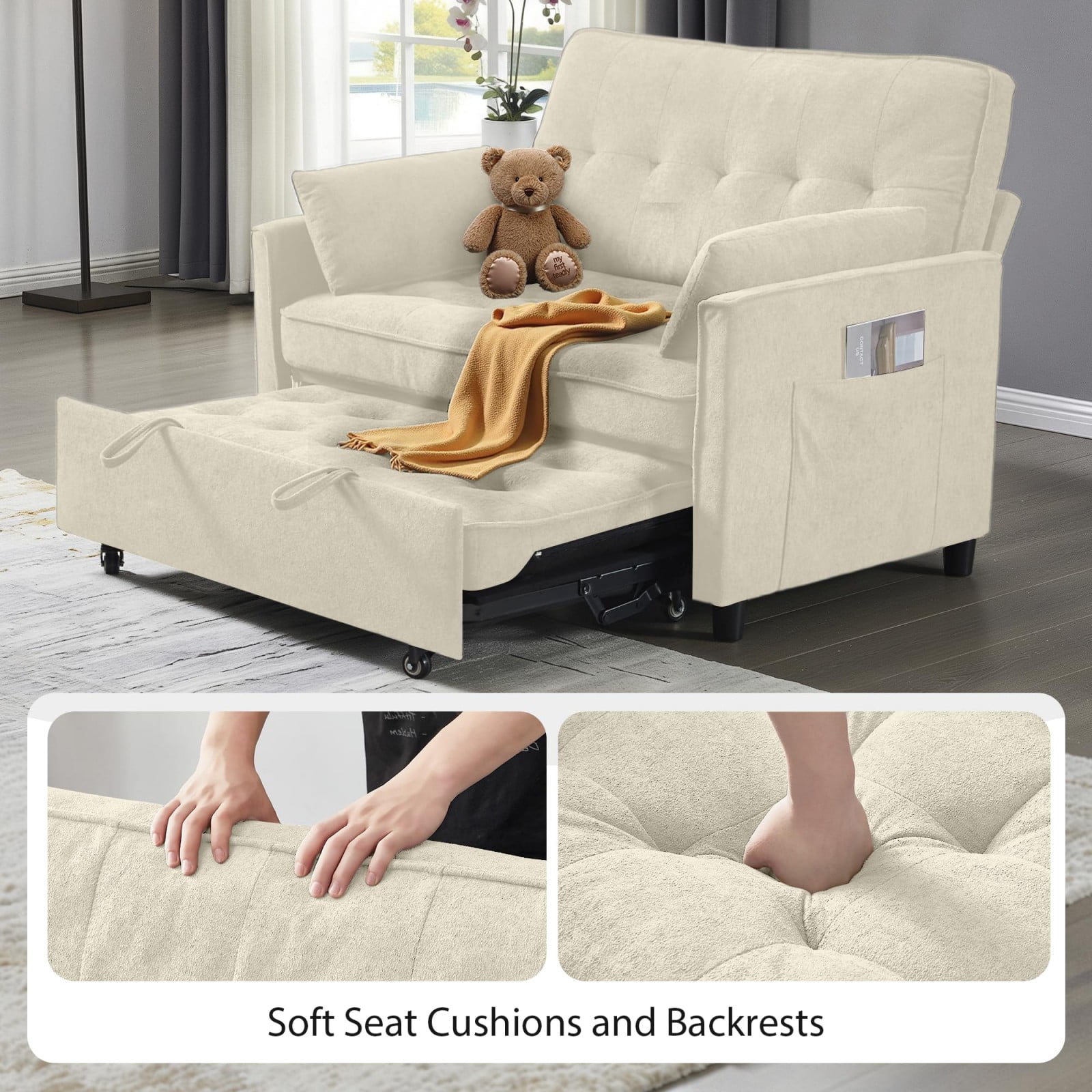 Convertible Sofa Bed, 3 in 1 Pull Out Couch Loveseat Sleeper with USB Charging Port, Adjustable Backrest, Side Pocket, Fabric Couch for Living Room Apartment, Beige