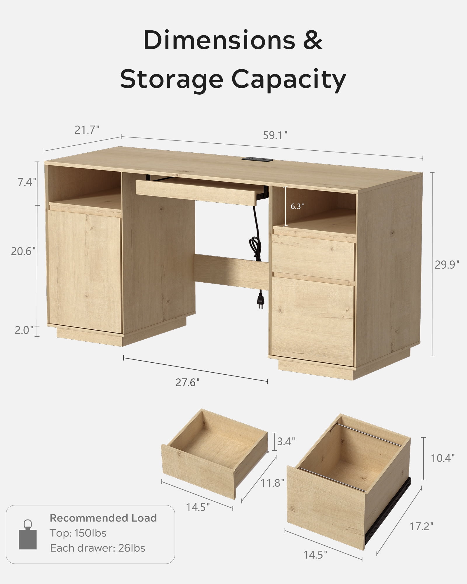 EYYTHUNG 59" Executive Desk, Farmhouse Large Home Office Desk with File Drawer & Outlet & Storage Cabinet, Wood Computer Desks with Keyboard Tray, Light Oak