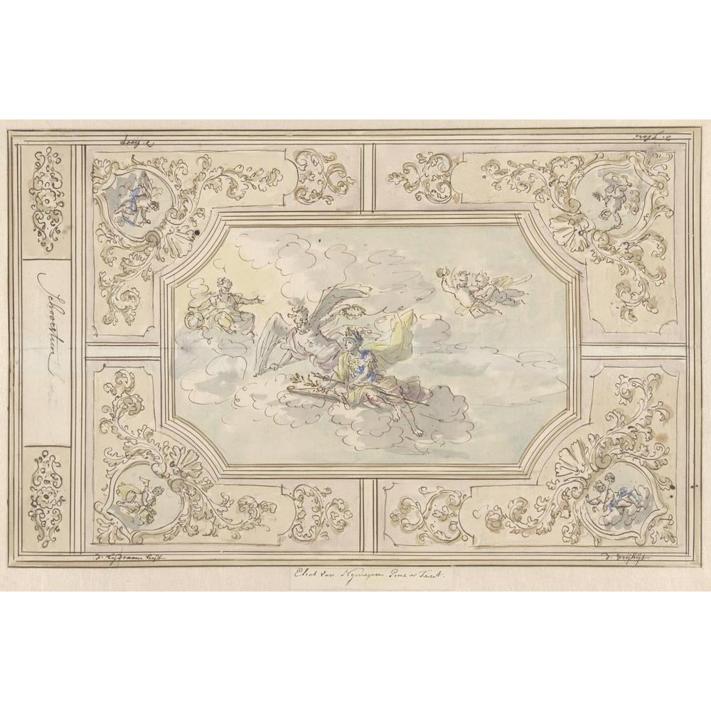 Elias van Nijmegen 18x13 Black Modern Framed Museum Art Print Titled - Design for a Ceiling Painting with Honor Crowned (1677 - 1755)