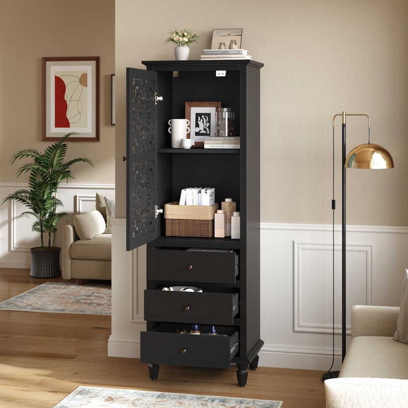 Vintage Storage Cabinet with Carved Door & 3 Drawers, Freestanding Decorative Sideboard, Display Cabinet with Adjustable Shelf