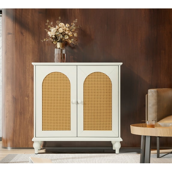 Sideboard Buffet Cabinet, Rattan Storage Cabinet with Doors and Adjustable Shelves, Free Standing Accent Cabinet for Entryway Kitchen Living Room Office, Antique White