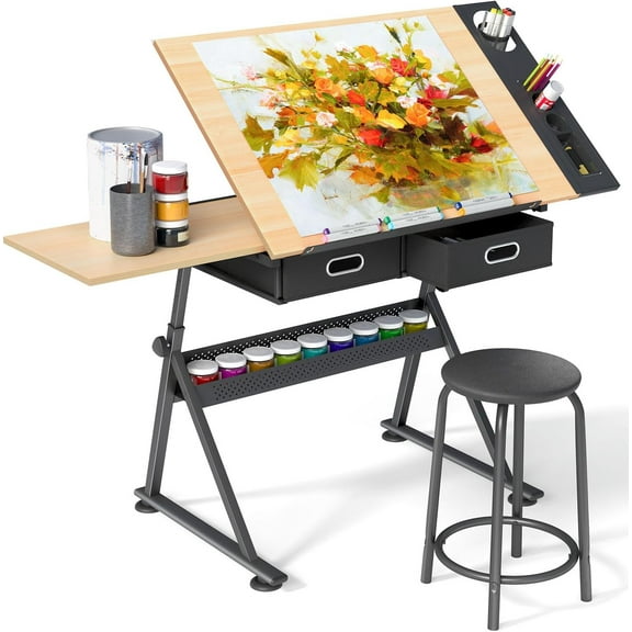 Adjustable Height Drafting Table with Wood Top, Art Craft Desk with Slide-Out Drawers, Storage, for Drawing, Writing, Painting, and Creative Tasks, Ideal for Home Office, Natural