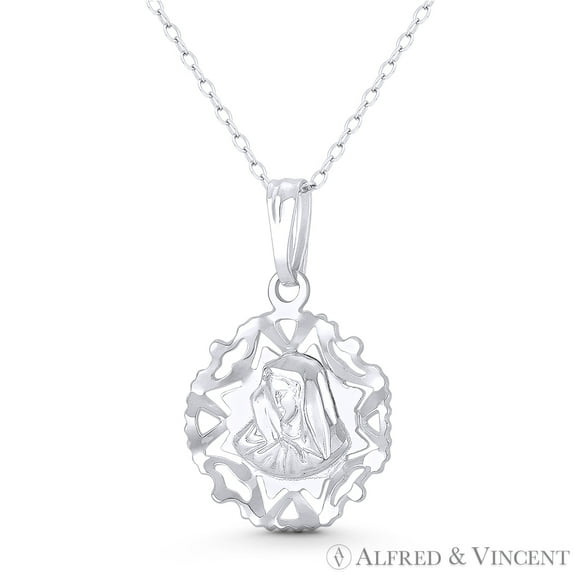 Holy Virgin Mother Mary 28x18mm (1.1x0.7in) Embossed Charm Pendant & Chain Necklace in .925 Sterling Silver