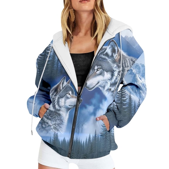 Bibifish Womens Full Zip Hoodies Wolf Print Drawstring Hood Long Sleeve Hoodies With Pocket Oversized Fit Bold Outdoor Daily Trendy Tops