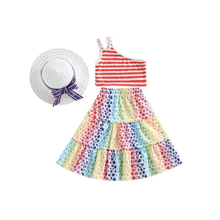 

Diconna 4th of July Toddler Baby Kids Girls Outfit One Shoulder Stripes Vest Rainbow Star Skirt Sets with Hat Red Stripe 4-5 Years