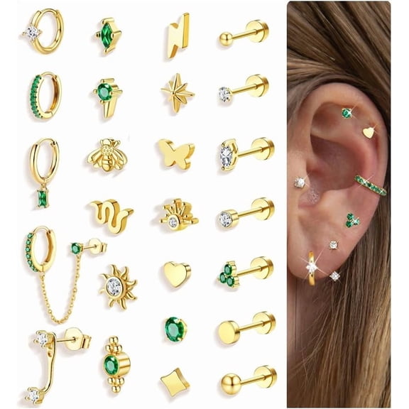 14K Gold Plated Flat Back Earrings for Women Trendy Hypoallergenic Surgical Steel Earrings for Sensitive Ears 20G Flatback Stud Earrings Cartilage Earring Sets for Multiple Piercing 25Pcs[s228]