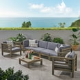 thumbnail image 2 of GDF Studio Cascada Outdoor Acacia Wood 6 Seater Sofa and Club Chair Chat Set, Gray and Dark Gray, 2 of 14