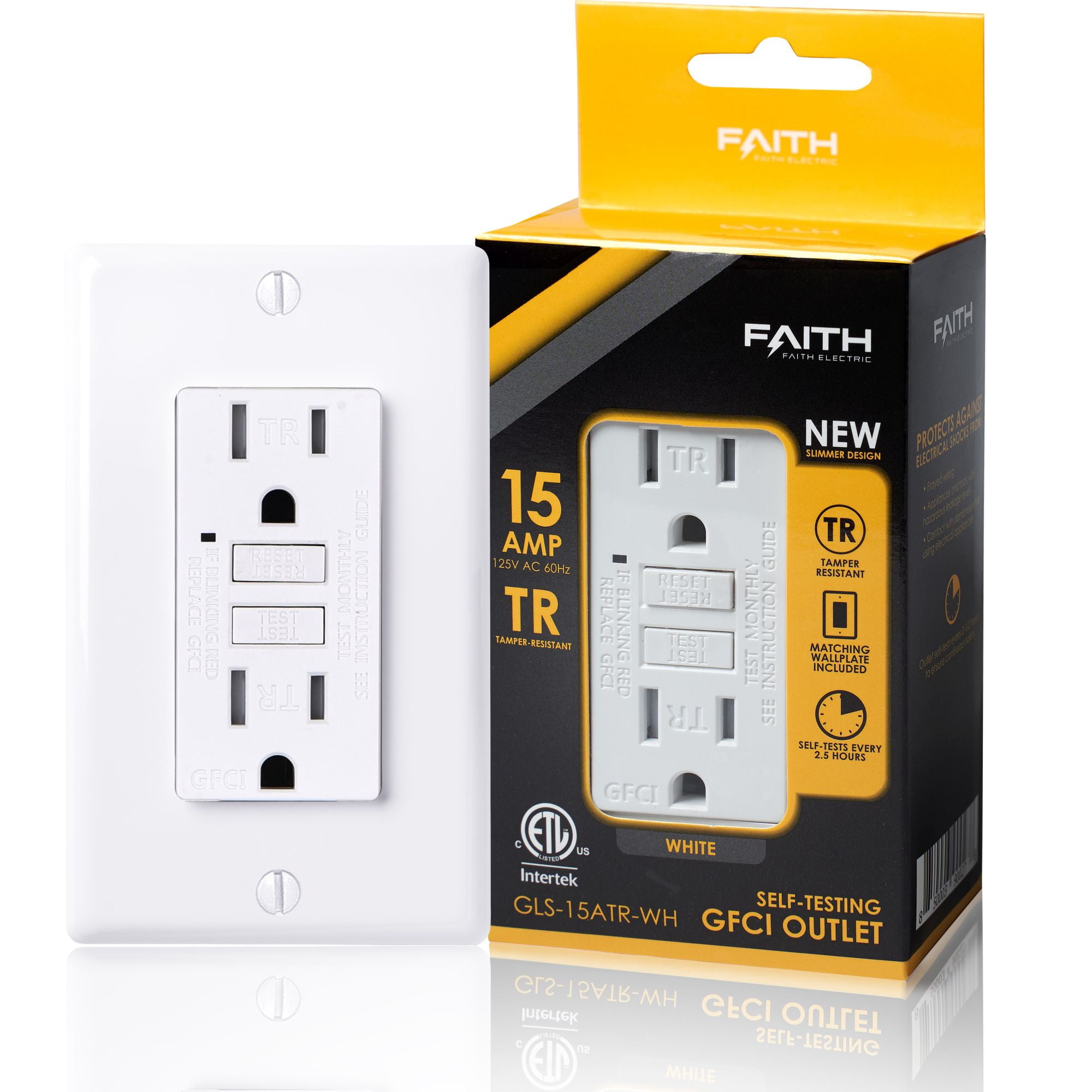 Faith 15A GFCI Outlets, Slim, Tamper-Resistant GFI Duplex Receptacles with LED Indicator, Self-Test Ground Fault Circuit Interrupter with Wall Plate, ETL Listed, White, 10 Pack