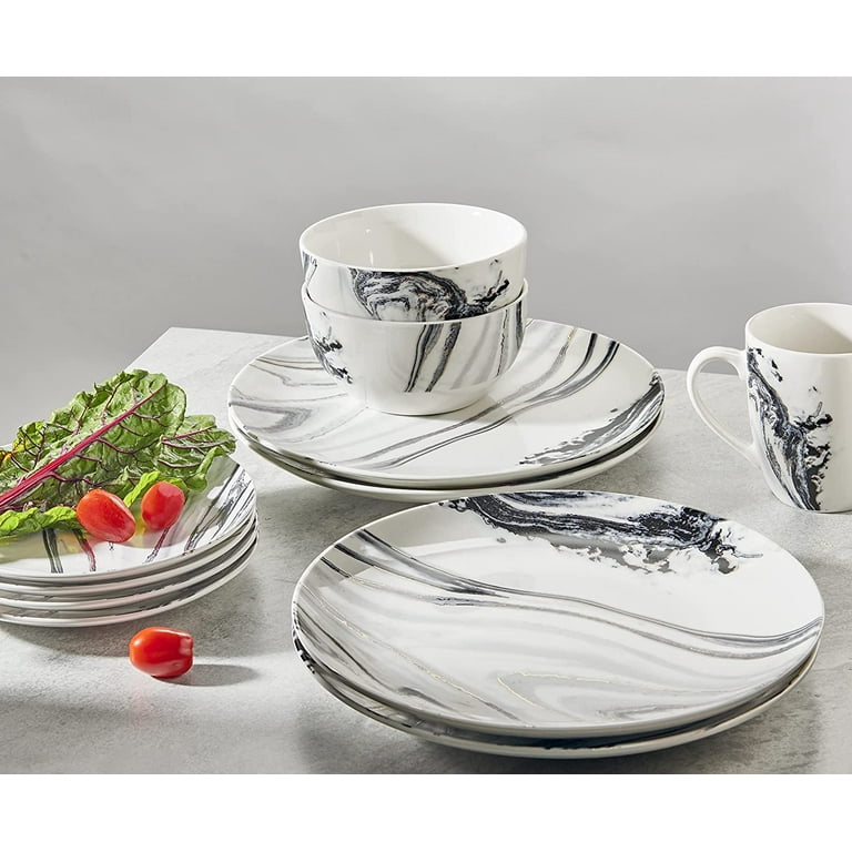 American Atelier Round Marble Coupe White and Gray Porcelain Dinnerware Set 16 Piece