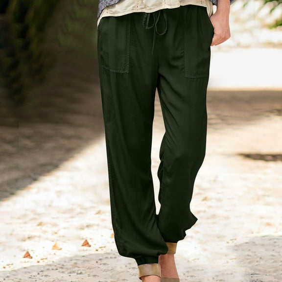 Hvyesh Linen Pants for Women Elastic High Waisted Palazzo Pants Casual Wide Leg Long Lounge Pant Trousers with Pocket