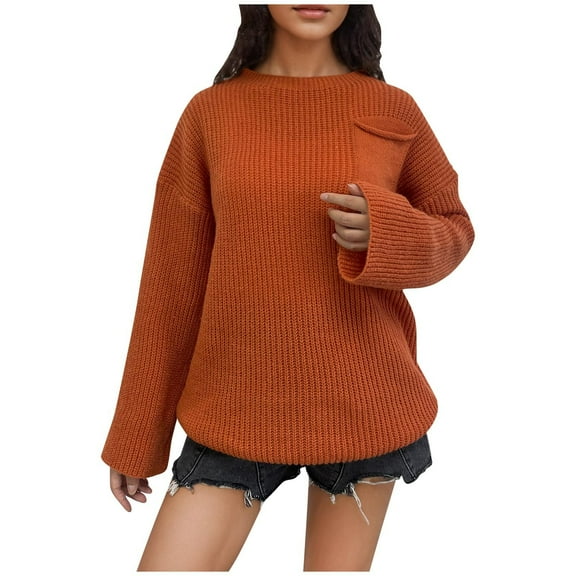 Pullover Sweaters for Women Long Sleeve Round Neck Casual Fall Loose Blouse Solid Color Knitted Tops