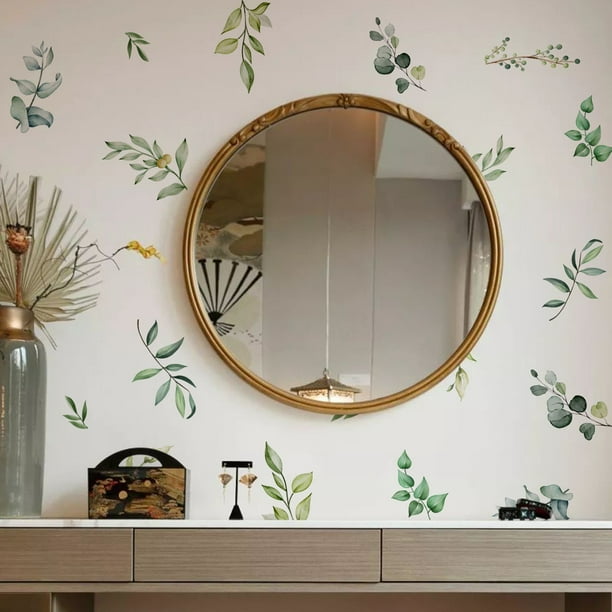 Juego de 6 pegatinas de pared con hojas verdes pequeñas, autoadhesivas, decorativas, para sala de estar, dormitorio y fondo.
