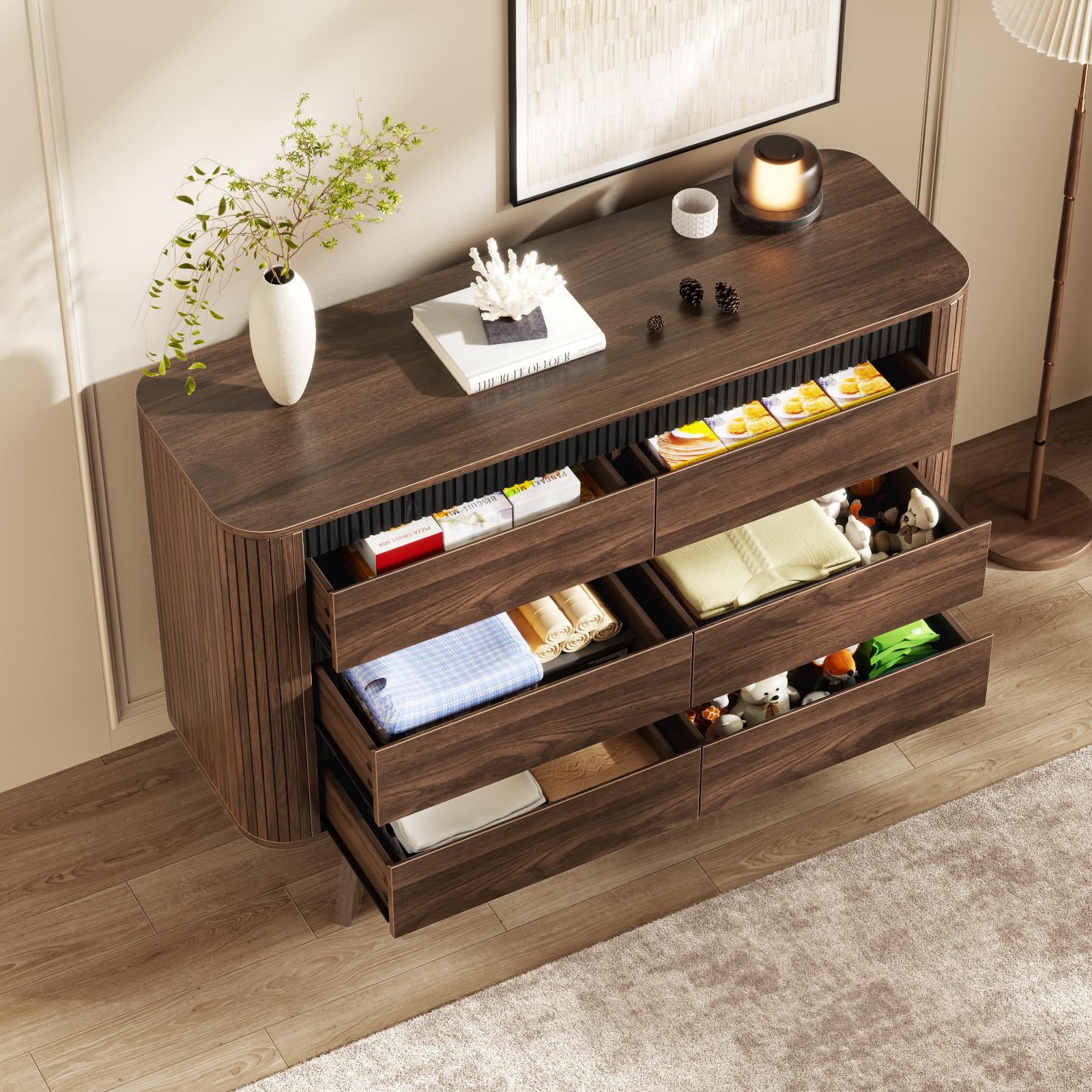 Satifur 47.2″ Wide 6-Drawer Wooden Dresser & Chest of Drawers, Bedroom Storage Cabinet & TV Stand, American Walnut