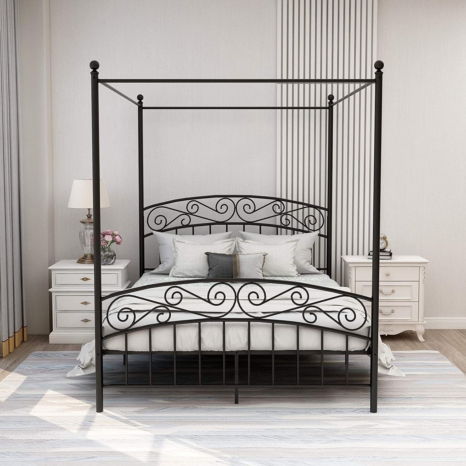 Aufank  Classic Metal Canopy Bed Frame, Easy Assembly Black Queen
