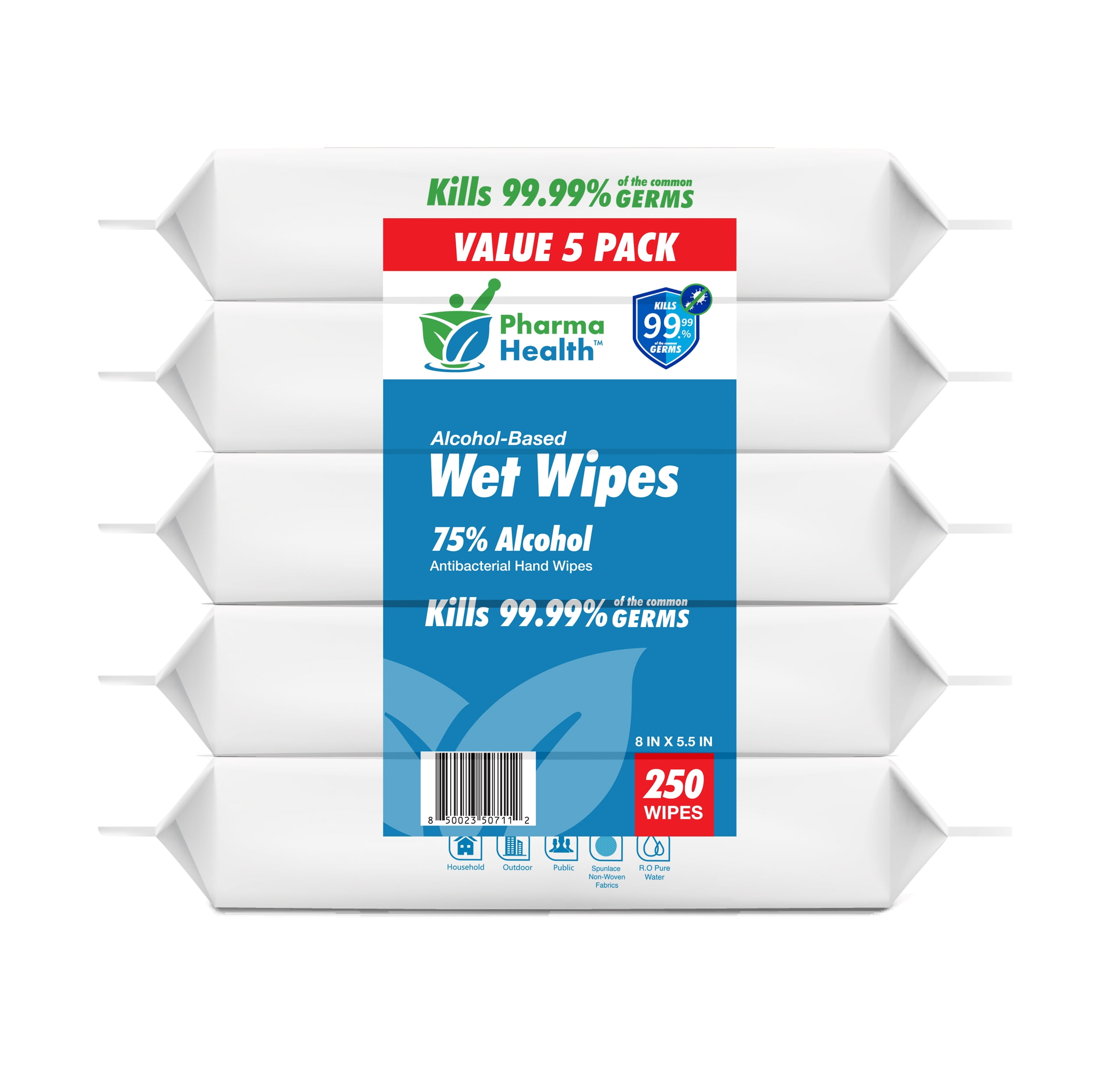 (5 PK ) Pharma Health™ Hand WetWipes, Travel Pack, 250 Total Wipes