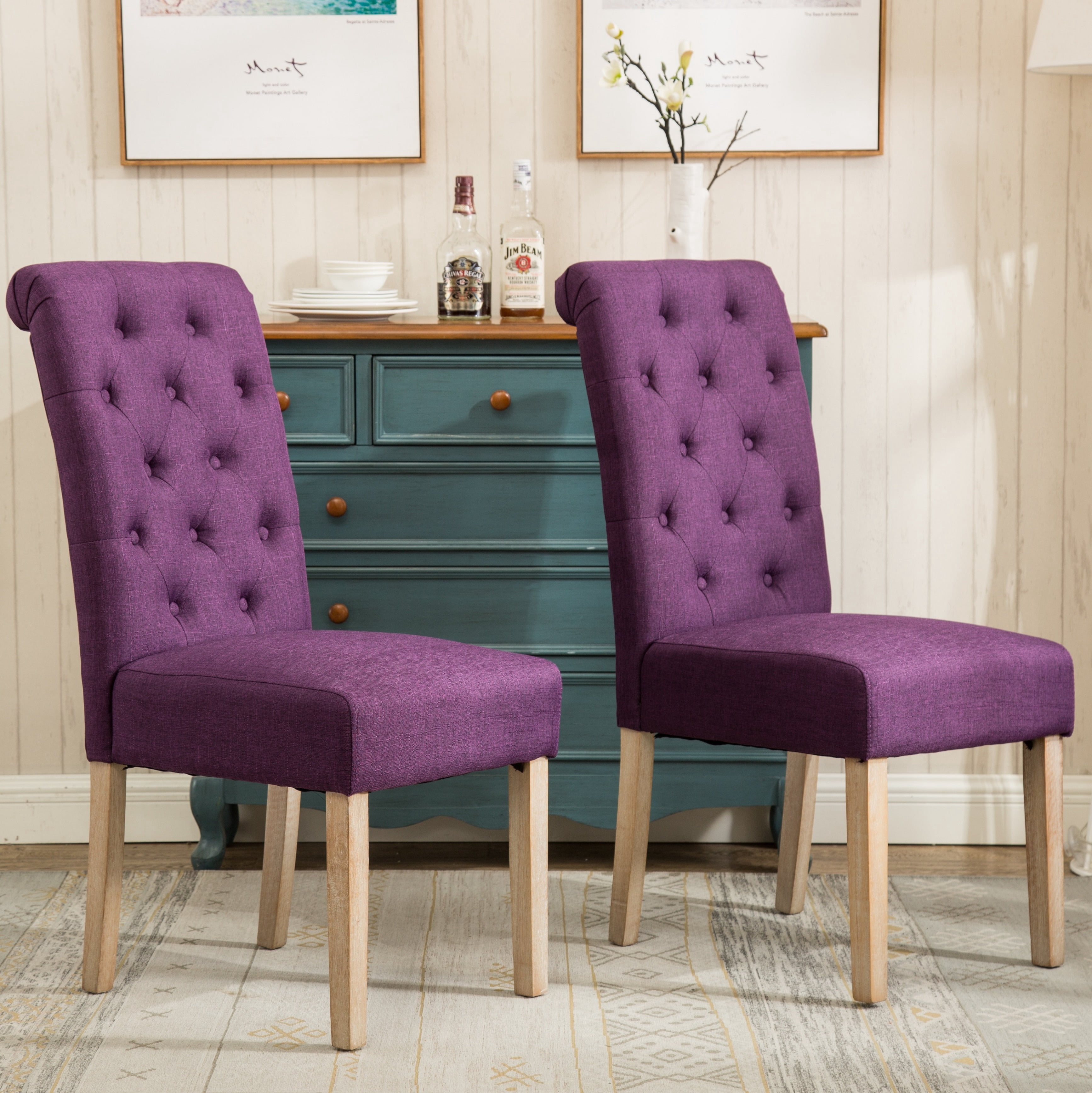 Roundhill Furniture Habit Contemporary Parsons Chair, Set of 2, Fabric and Solid Rubberwood, Purple