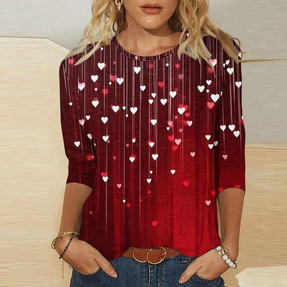 Tops for Women 3/4 Sleeve Valentine's Day Printed Casual Round Neck T-shirt Loose Shirt Multicolor XXXL
