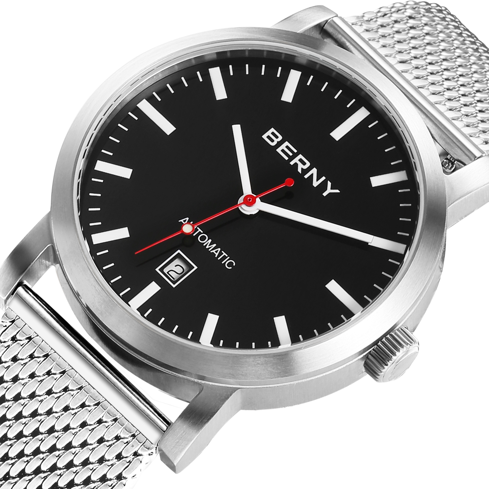 BERNY Automatic Watch for Men, Classic Mechanical Wristwatch with Stainless Steel Mesh Band, Date Calendar, 5ATM Waterproof, Super Luminous, Red Seconds Hand (Black)
