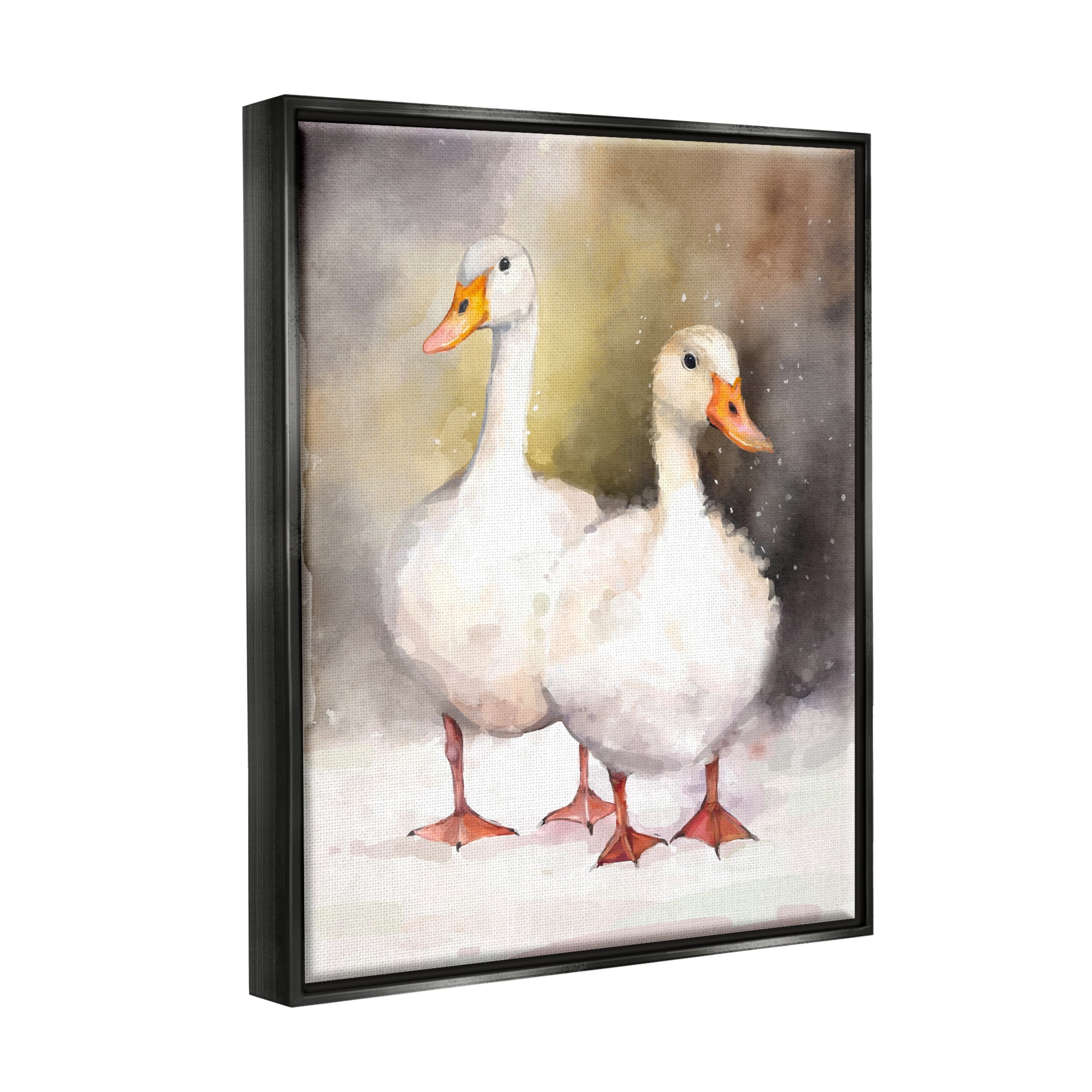 Stupell Industries Two White Ducks in Snow Animals & Insects Painting Black Floater Framed Canvas Art Print Wall Art, 25 x 31