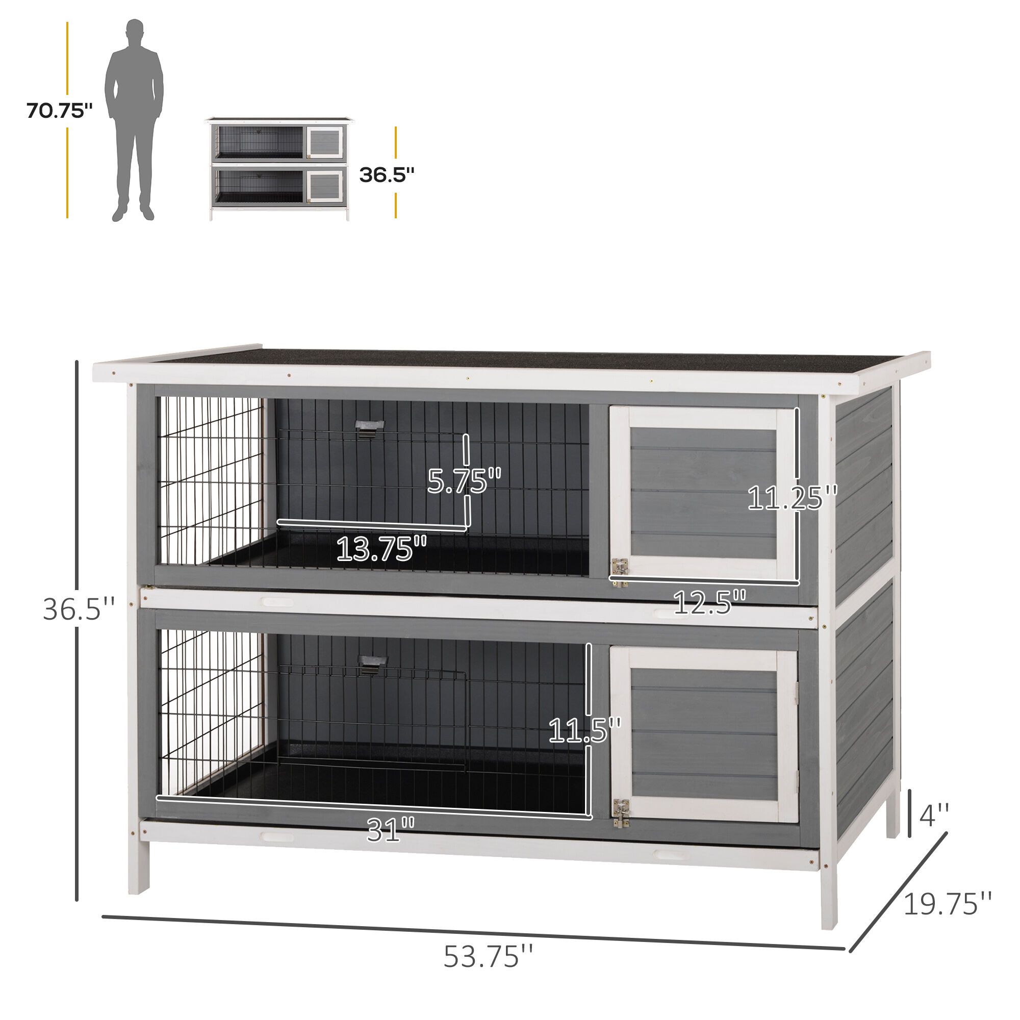 54" 2-Story Rabbit Hutch with Waterproof Roof, Large Outdoor/Indoor Bunny Cage with Lockable Doors & No-Leak Tray - Dark Grey Wooden Pet House