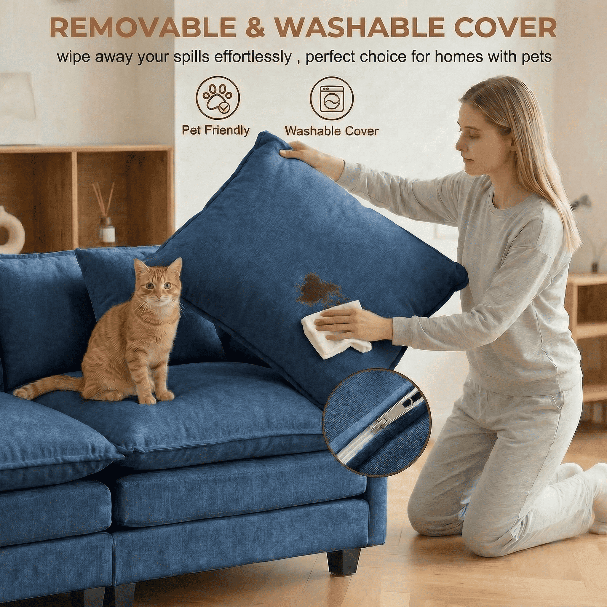 Dioepic Cloud-Comfort Deep Seat Chenille 2-Seat Living Room Loveseat Sofa 77" with 2 Pillows, Blue