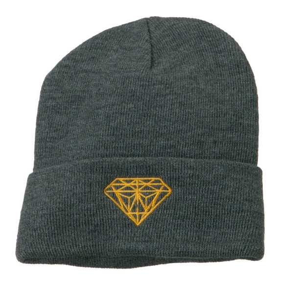 Gold Diamond Embroidered Long Cuff Beanie - Grey OSFM