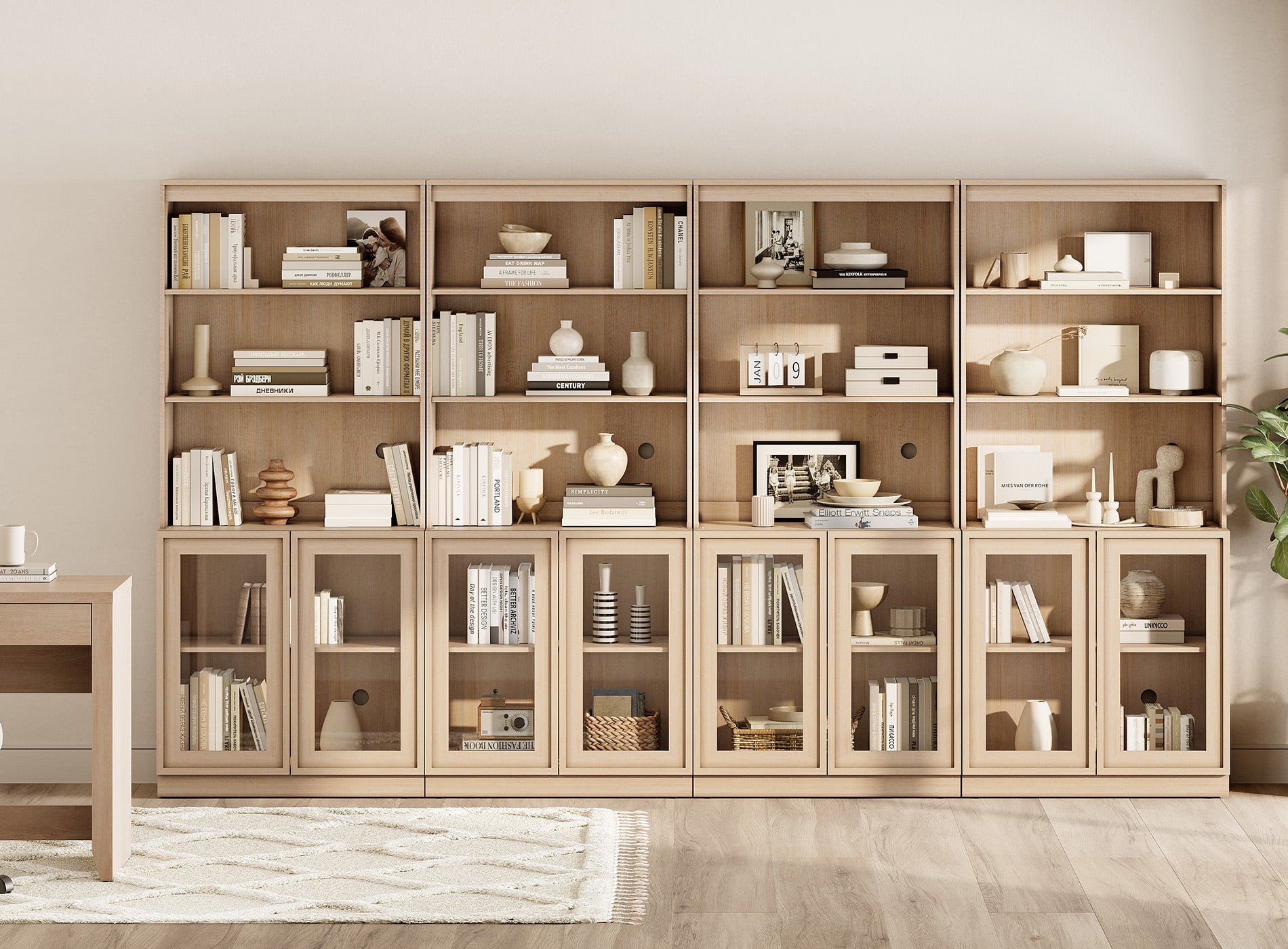 Modern 72" Tall Bookshelf with Glass Doors and Adjustable Shelves, Library Bookcase with Storage Cabinet and Open Shelves,Beige