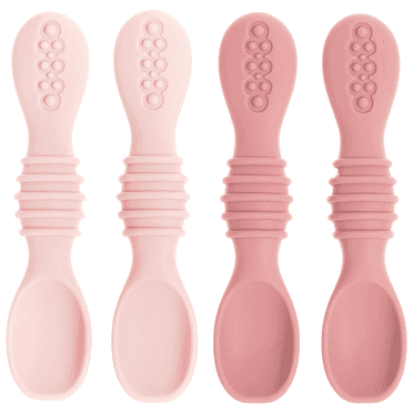 Silicone Baby Spoons for Baby Led Weaning 4-Pack, First Stage Baby Feeding Spoon Set Gum Friendly BPA Lead Phthalate and Plastic Free, Baby Pink