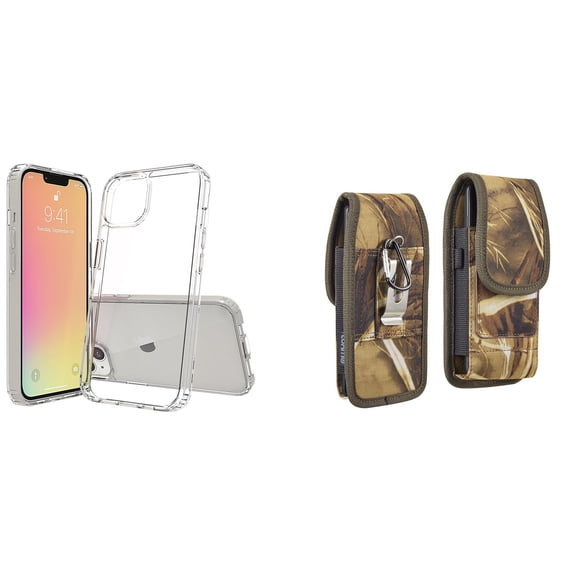 Bemz Case and Pouch Bundle for iPhone 14 Pro: Fusion Protector Slim Case (Transparent Clear) and Vertical Rugged Nylon Belt Holster (Camo)